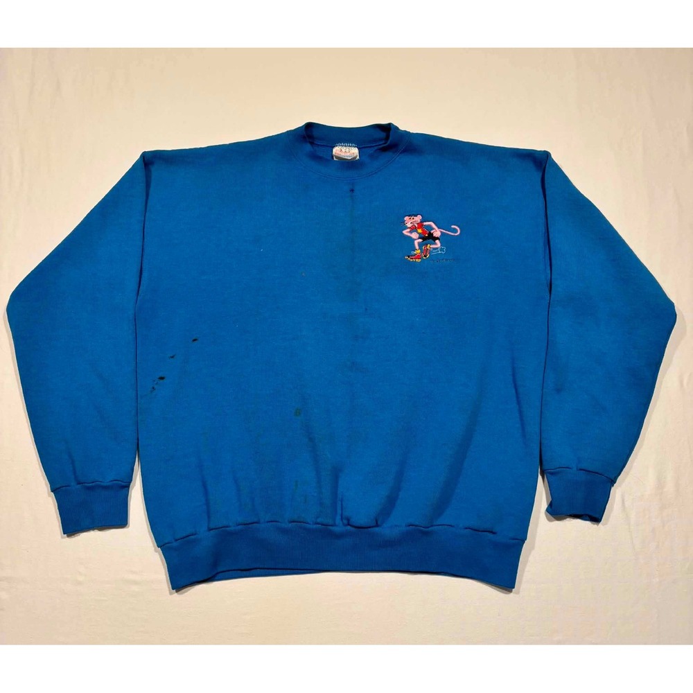 Vintage Hanes Pink Panther‎ Embroidered Sweatshirt Blue XL Roller Skating Retro